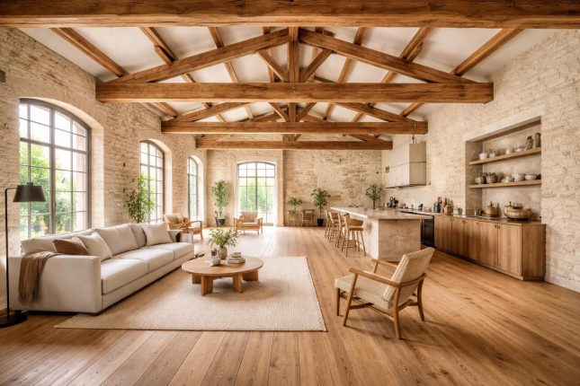 découvrez comment transformer un chai bordelais en un loft moderne alliant charme authentique avec poutres apparentes et plancher en chêne massif, pour un intérieur unique et chaleureux.