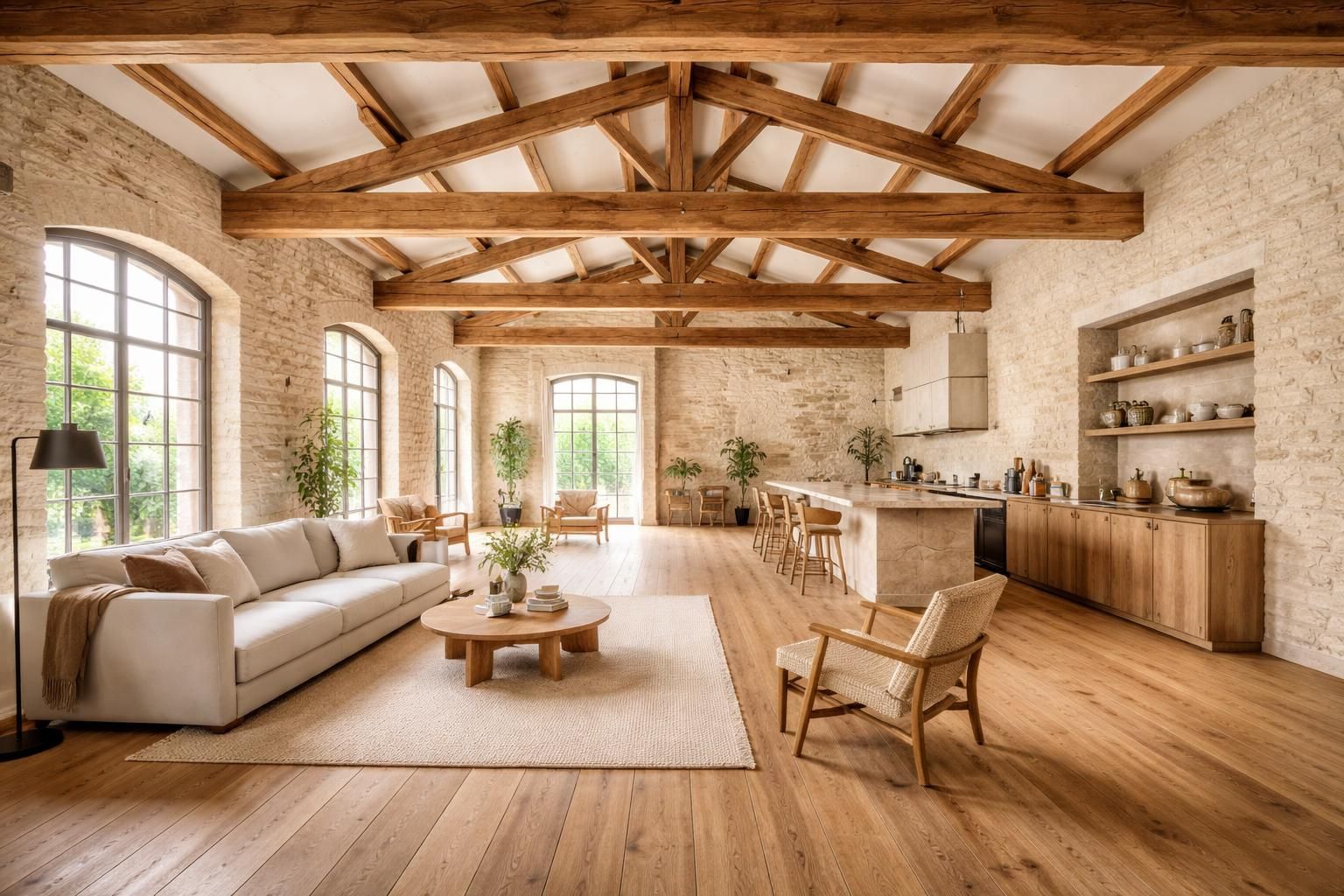 Transformer un chai bordelais en loft avec poutres apparentes et plancher chêne massif