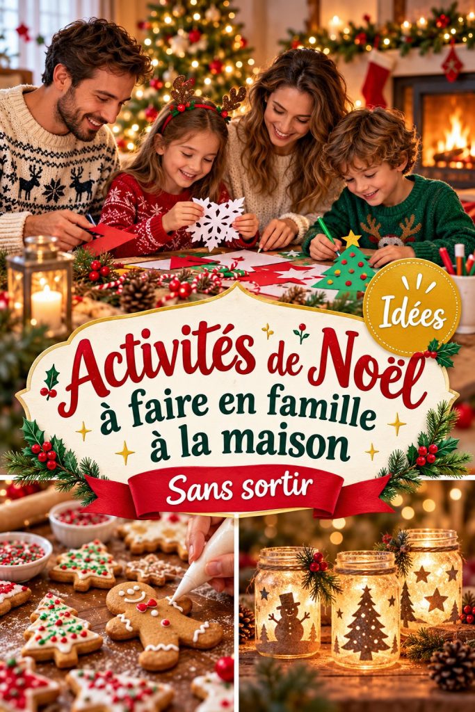 Activités de Noël en famille chez soi, décorations et rires dans une ambiance festive.