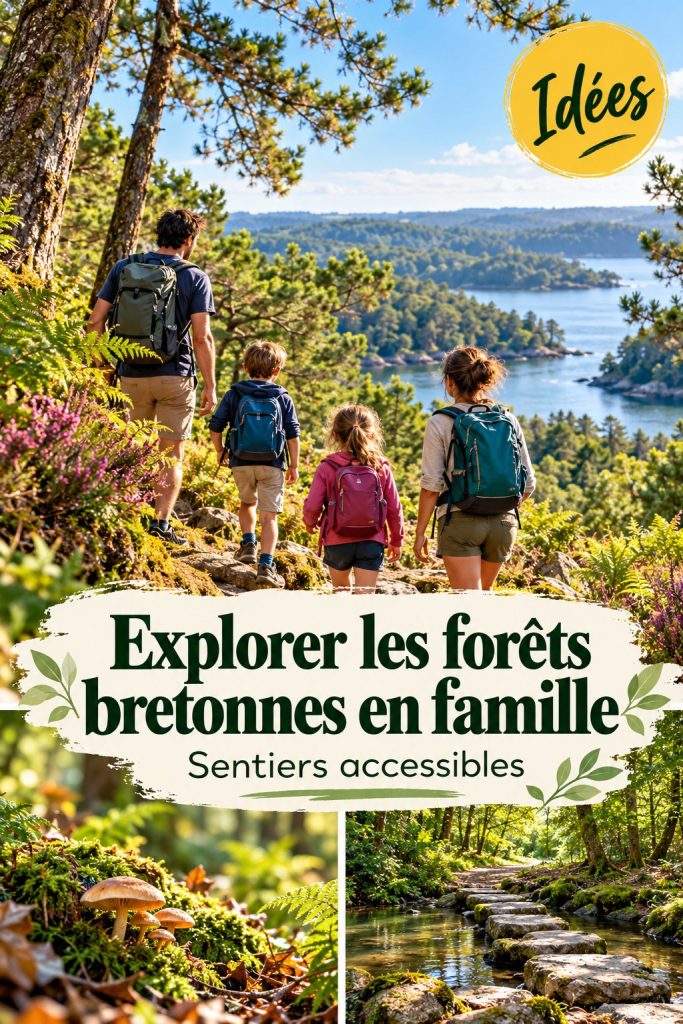 Une famille marchant sur un sentier en forêt en Bretagne, entourée d'arbres majestueux.