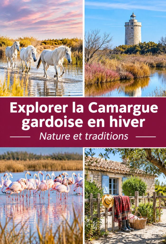 Paysage hivernal de la Camargue gardoise avec des rosesaux en arrière-plan.