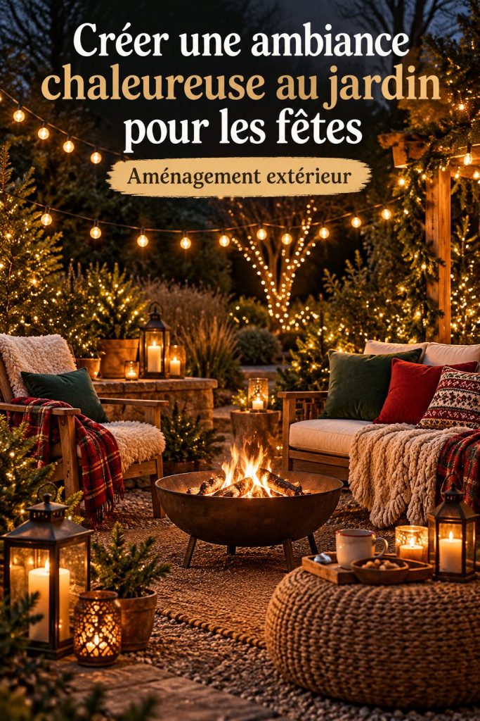 Jardin décoré avec des lumières et accessoires pour Noël