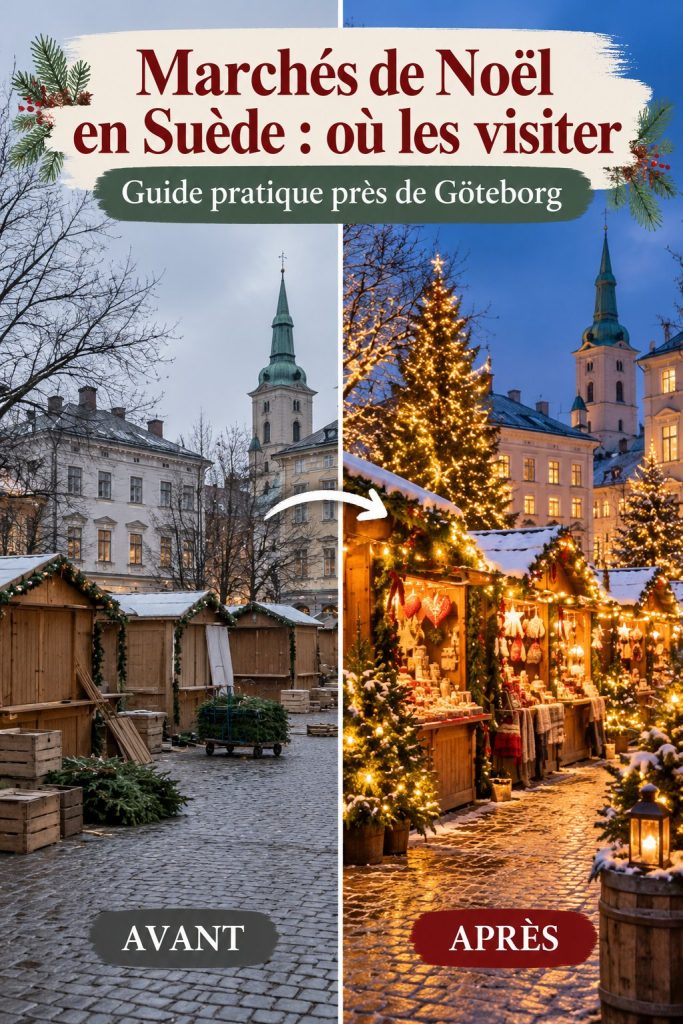 Un marché de Noël en Suède avec des stands illuminés et des visiteurs appréciant les spécialités locales.