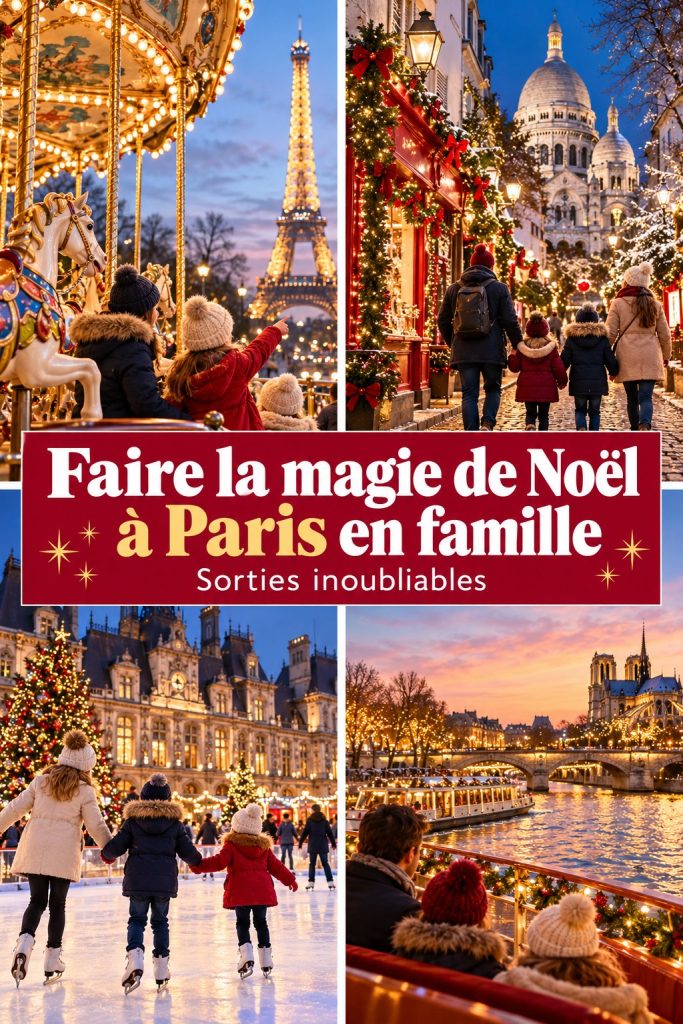 Une vue festive de Paris illuminé pour Noël, avec des familles profitant de l'ambiance.
