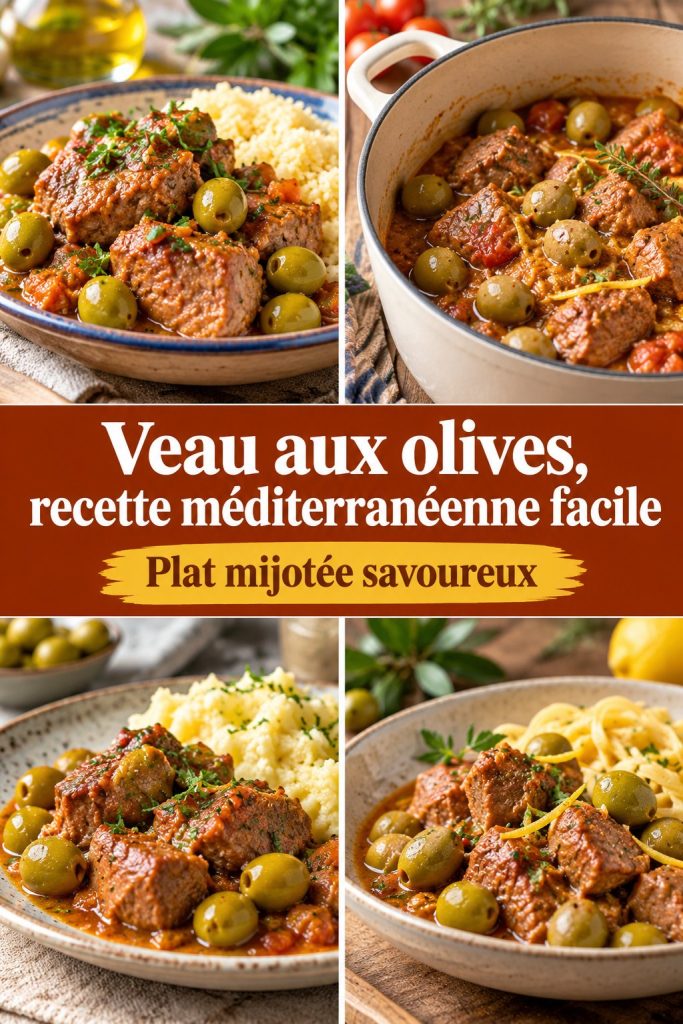 Un plat de veau aux olives servi avec des légumes, accompagné d'un verre de vin rouge.