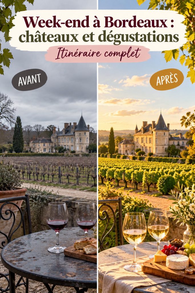 Vue d'un château viticole dans la région de Bordeaux, entouré de vignes verdoyantes